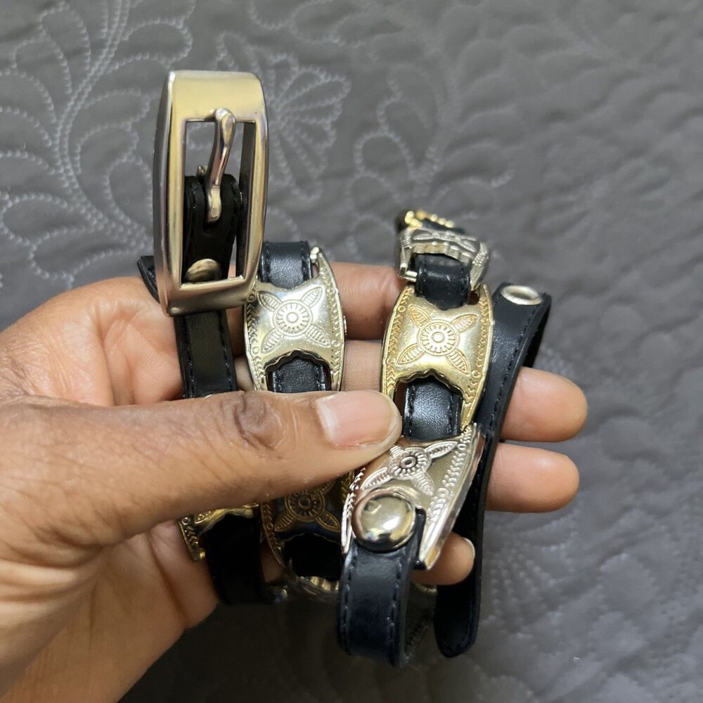 VTG Donna Katz Belt Mixed Metal Medallions Gold Links Buckle Black Leather SZ M